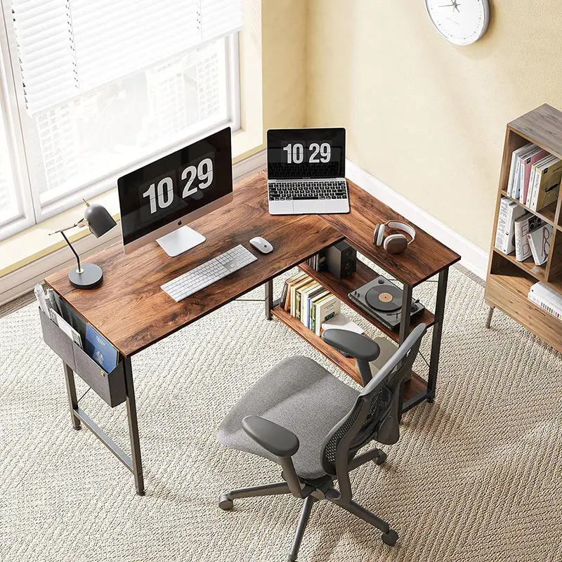 40 "L-shaped computer desk with storage shelf Home office Corner desk Study desk, dark brown