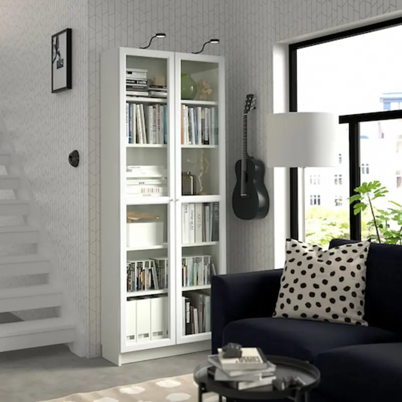 Double door simple bookcase - white - oak grain - walnut grain